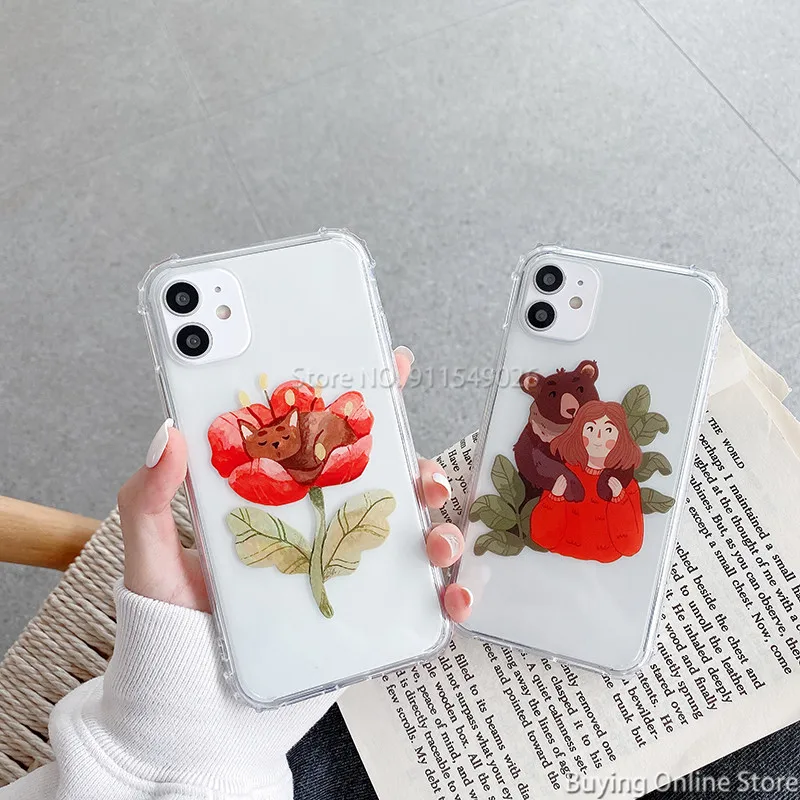 

Lovely Girl Bear Smile Case For iPhone 11 Pro 12 Mini XS Max XR X SE 2020 7 8 Plus Cover Shockproof Soft Silicon Clear Protector