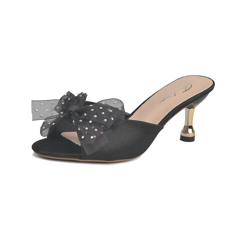 

Bowknot Color Diamond Peep Toe Gold 2021 Women's Slippers Sequin High Heels Banquet Wedding Women Shoes Black Lace Sexy Sandals
