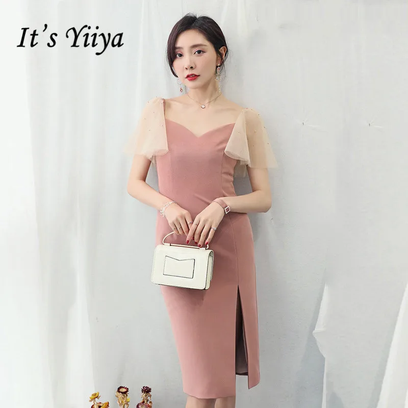 

Prom Dresses It's Yiitya BR335 Sexy Split Straight Vestido De Fiesta Knee Length Vestido De Festa Sqaure Collar Prom Dress 2020