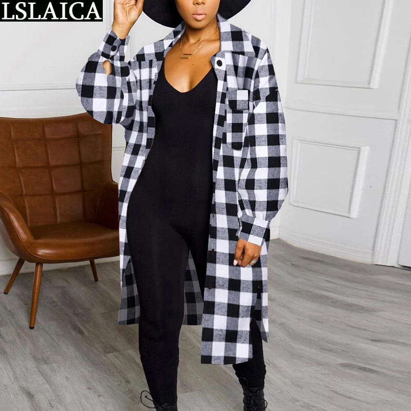 

Женское длинное пальто большого размера, Новое поступление, клетчатые рубашки для женщин, Элегантные повседневные офисные пальто и куртки ...