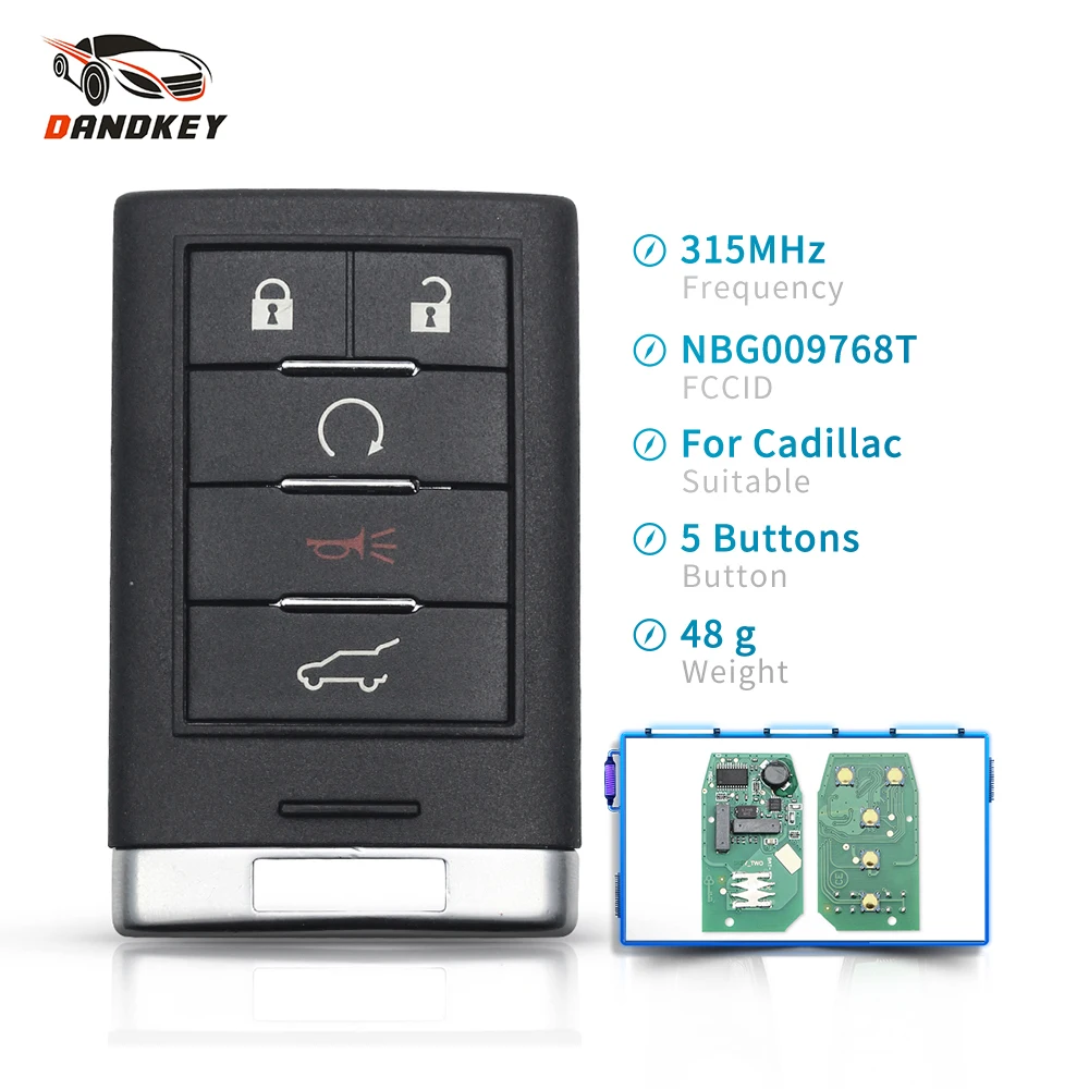 

Dandkey Card Smart Remote Key 5 Buttons 315MHz Keyless Fob For Cadillac SRX,XTS,ATS 2010 2011 2012 2015 NBG009768T Uncut Blade