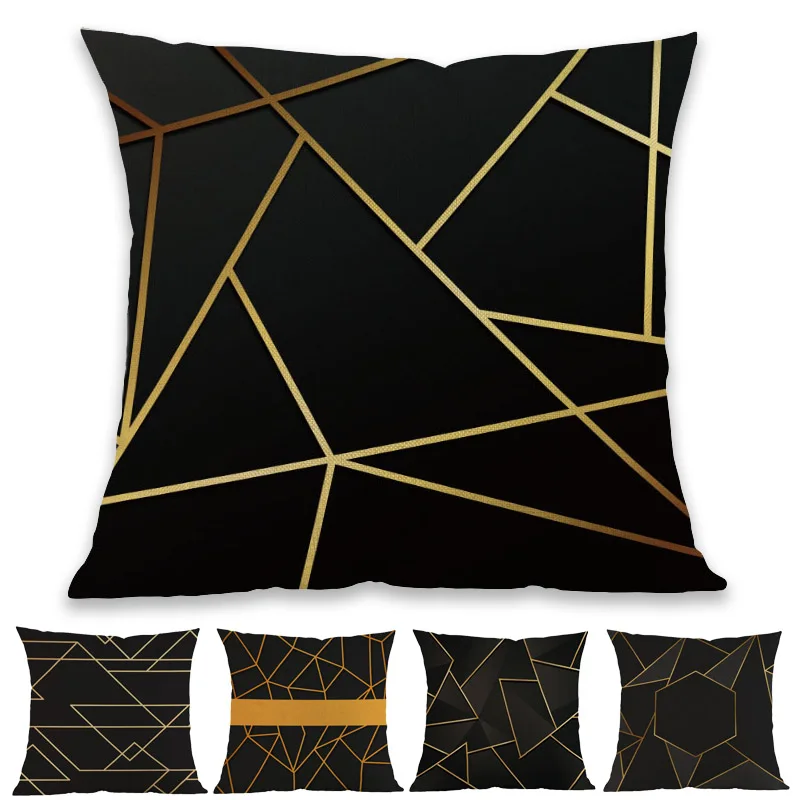 Черный фон с золотой линией в виде многоугольника принтом геометрических фигур и