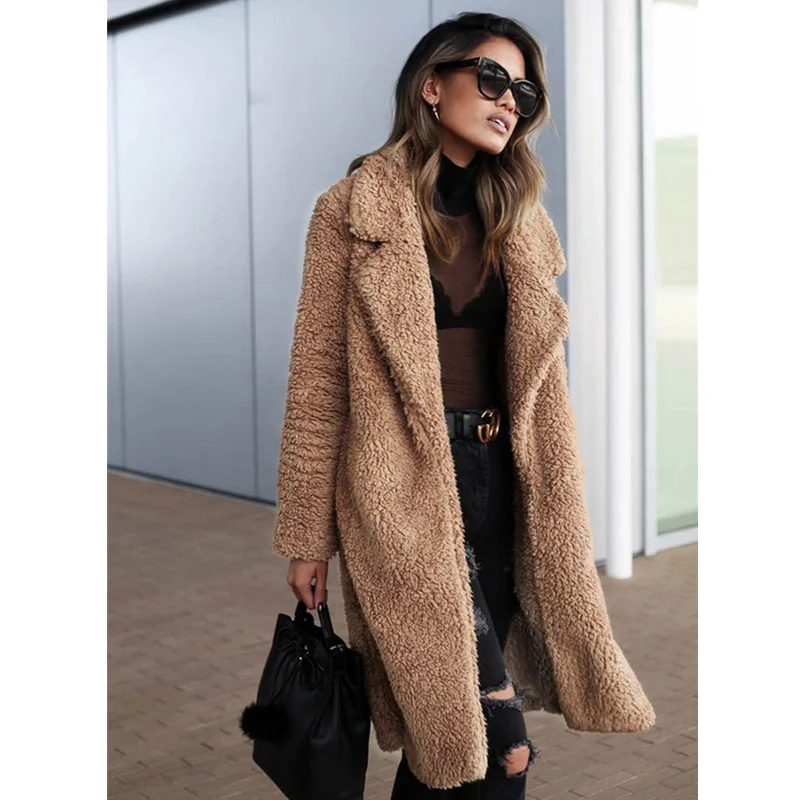 Женское длинное Свободное пальто из искусственной шерсти с отложным воротником