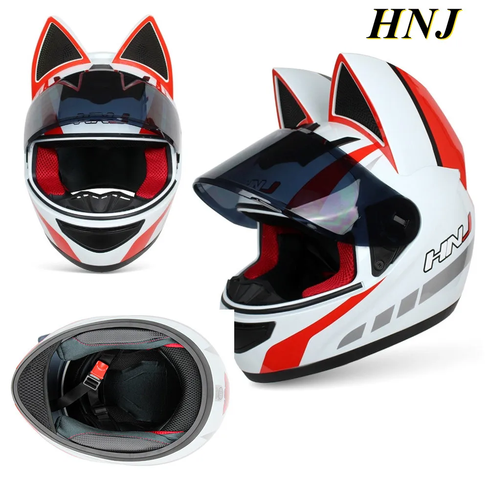 

New HNJ Motorcycle Helmet Personality Full Face Dirt Bike Helmet Removable Cat Ear Helmet Men Women Biker Helmet Moto Ear Helmet