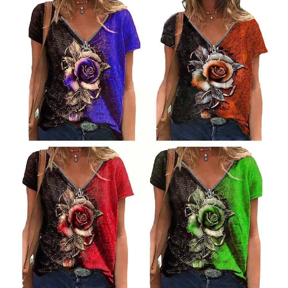 

Lady Casual V Neck Zipper Rose Print Hollow T Shirt Plus Floral Womens Short S-4xl Print Shirt Size Casual Shirts Sleeve G6m8
