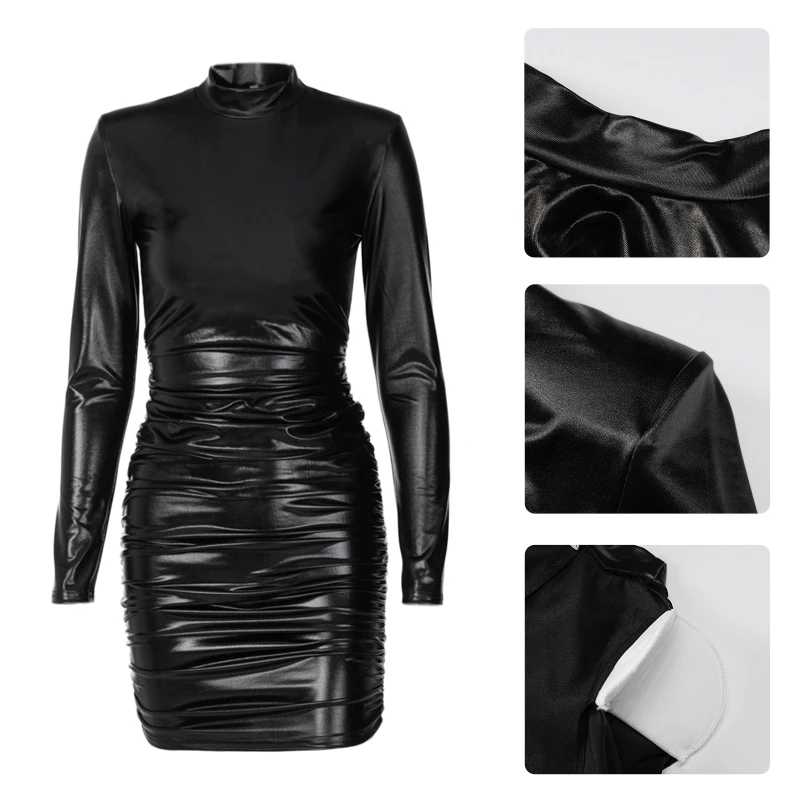 

Women Autumn Long Sleeve Turtleneck Bodycon Mini Dress Faux Patent Leather Black Ruched Stacked High Waist Shoulder Padded Party