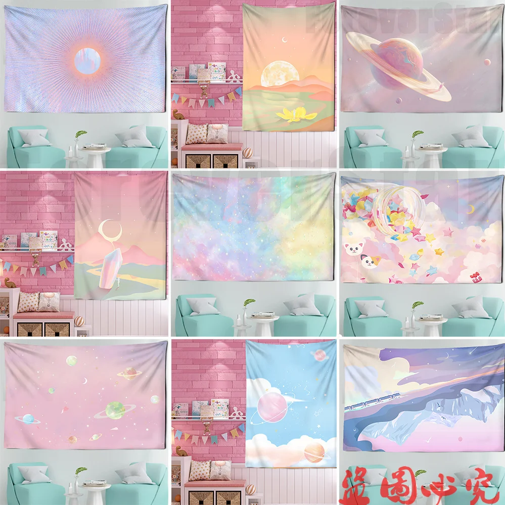 

Pink Moon Starry Tapestry Universe Wall Hanging Room Dorm Tapestries Art Home Psychedelic Kawaii Room Decor