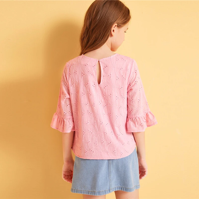 SHEIN Kiddie Ginger/однотонная кружевная блузка с рюшами и проймой для подростков г., летняя детская блузка с рукавами-бабочками на пуговицах, рубашка