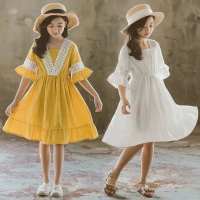 

Girl baby new cotton princess dress in the big children spring and summer trumpet sleeves big swing stitching lace dress