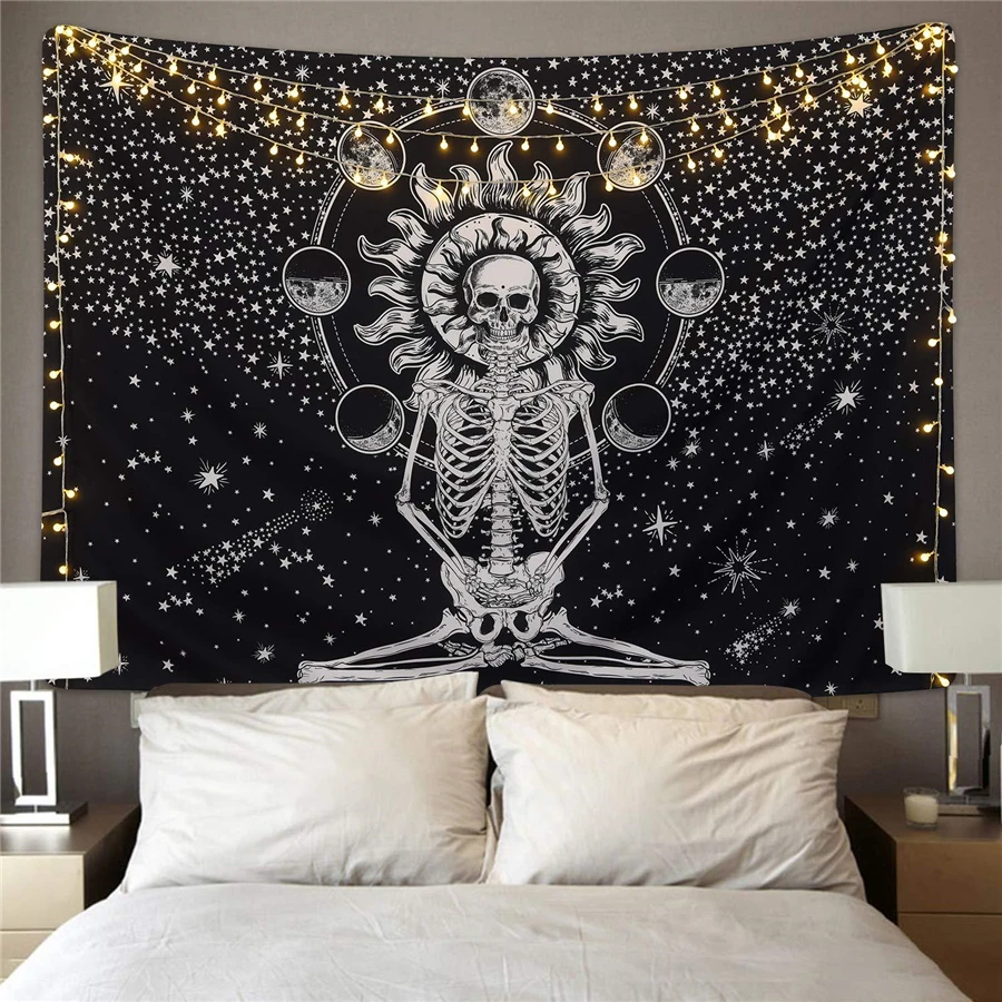 

Hippie Skull Tarot Wall Blanket Psychedelic Tapestry Wall Hanging Mandala Moon Starry Ouija Boho Decor Wall Cloth Tapestries Rug