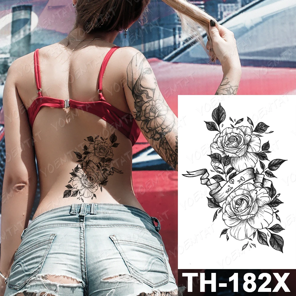 

Lines Roses Snake Flowers Temporary Tattoo Sticker For Men Women Adult Peony Waterproof Fake Henna Body Art Tattoo Decal