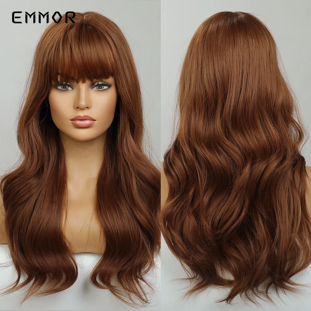 Emmor Ash Blonde Wavy Wigs for White Black Women Soft Natural Auburn Hair Wig with Bangs Heat Resistant Fiber Synthetic Hair Wig