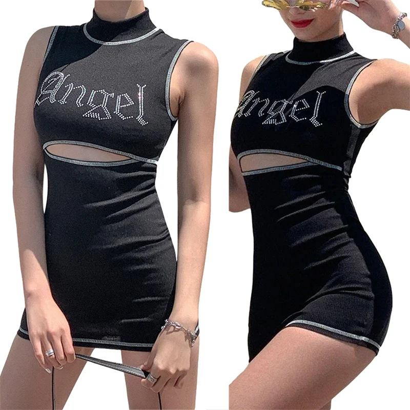 

Summer Ladies Mini Dress Women Casual Half High Collar Letter Sleeveless Hollow Dress For Daily Vacation Wear