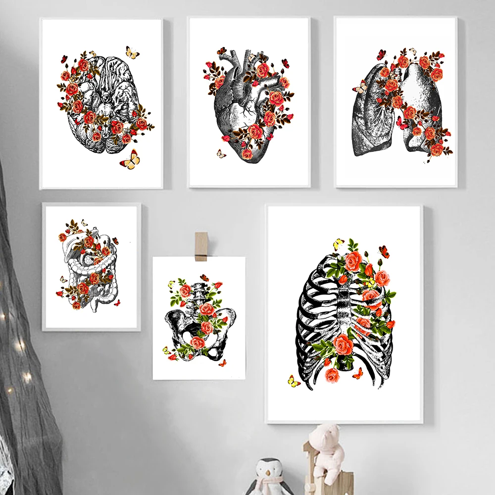 Винтажная анатомия медицинская живопись на холсте плакат с цветочным оргом