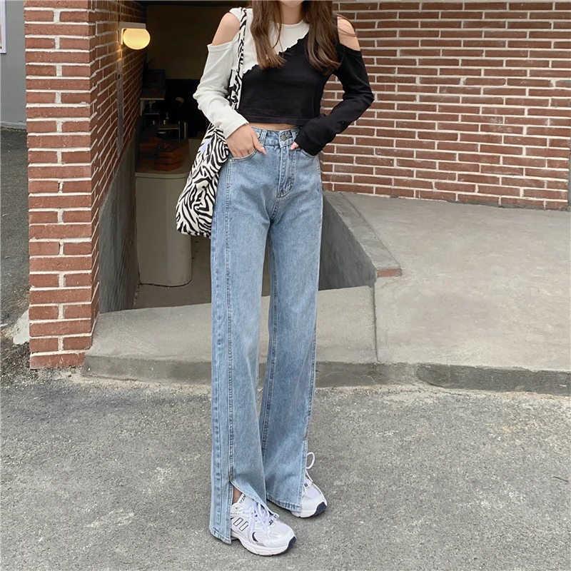 

DD0538 High waist slim denim trousers new split straight leg jeans