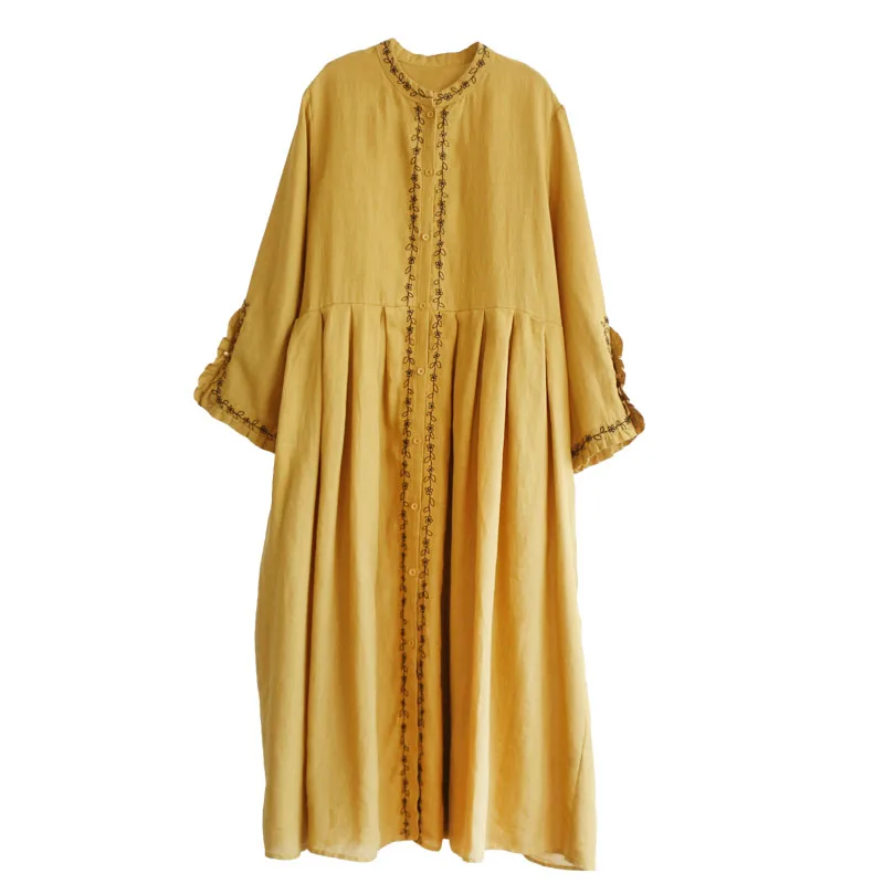 Женское платье из хлопка и льна с вышивкой весна осень 2020 СВОБОДНЫЙ Модный