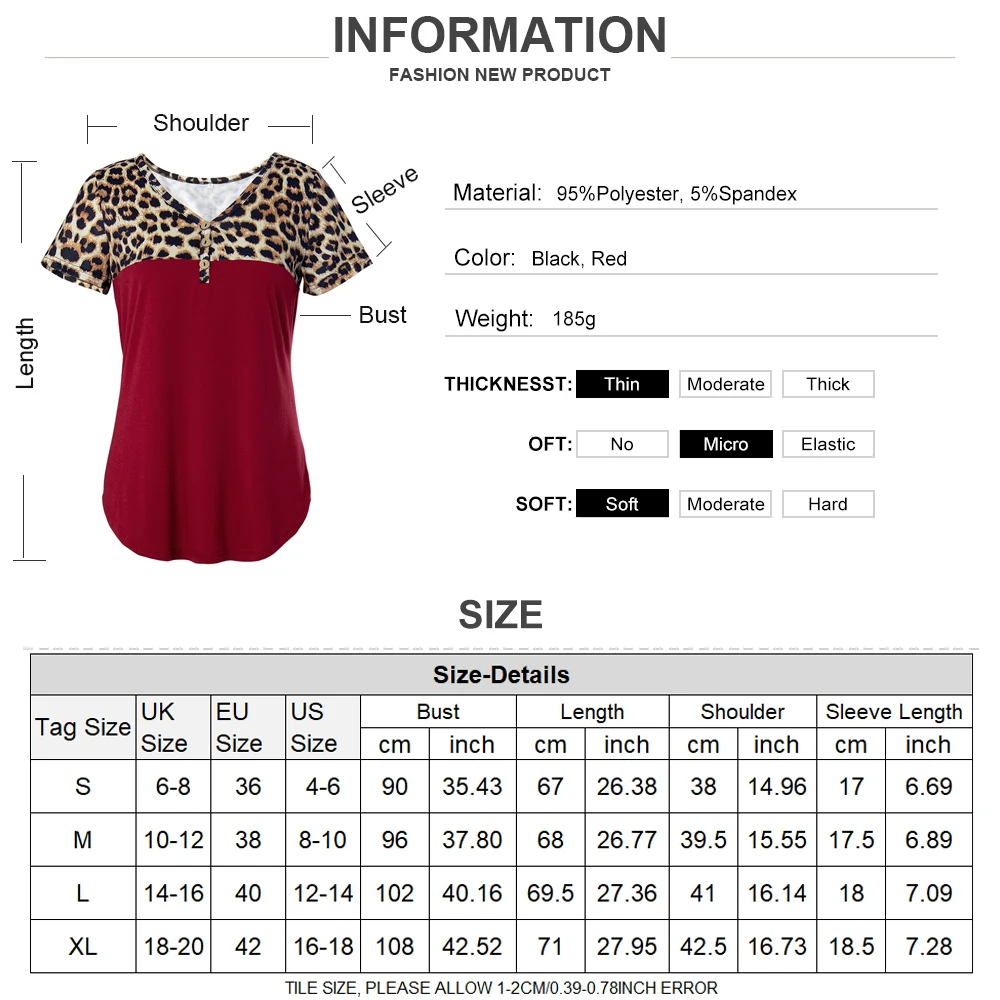 

Summer Short Sleeve Tee Shirts V Neck Button Femme Tshirts Leopard Print T-shirts Ladies Patchwork camisetas mujer Women Top D30