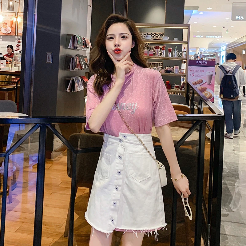 

New Summer Female Shirt Skirt 2 Piece Outfits Women Short Sleeve Shiny T-Shirt White High Waist A-Line Skirt Suits Two Piece Set