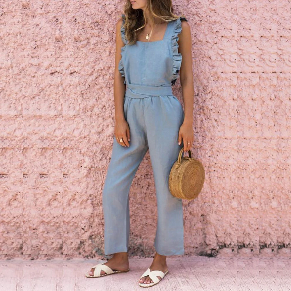 Женские комбинезоны с широкими штанинами уличные оборками желтого синего белого