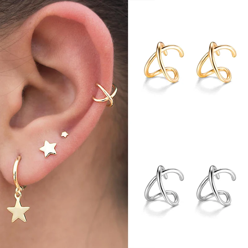 

1PC 24k Gold-Plated Silver Clip On Earrings For Women Girl CZ No Piercing Fake Cartilage Earring Korean Ear Cuff Fine Jewelry