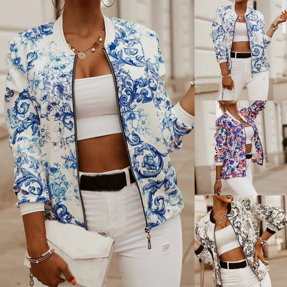 2020 осенне зимняя тонкая короткая куртка с длинными рукавами и принтом Женская