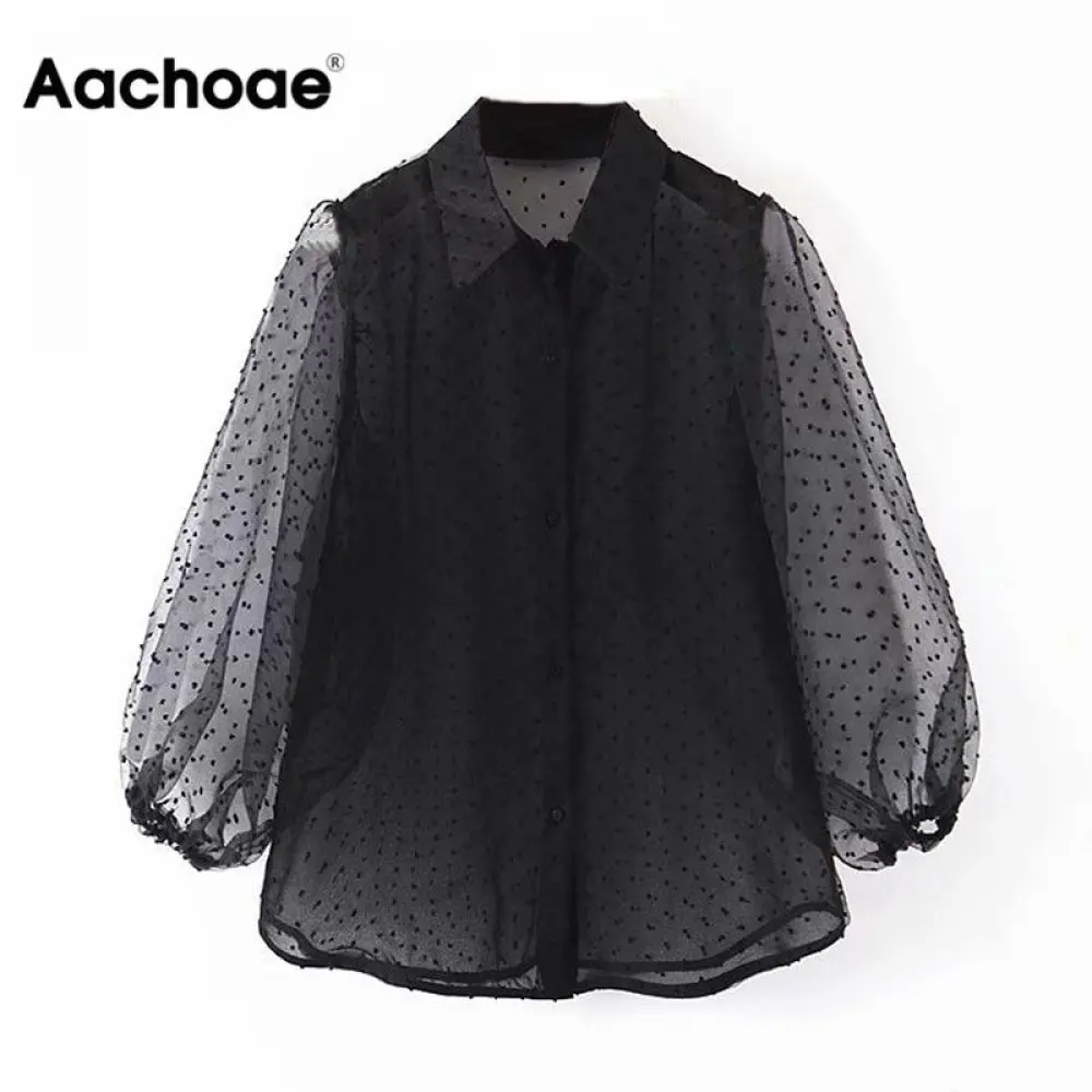 aliexpress - Aachoae Dot Embroidery Women  Organza Blouse 2020 Lantren Sleeve Black See Through Chic Top Casual Turn Down Collar Shirt Blusas