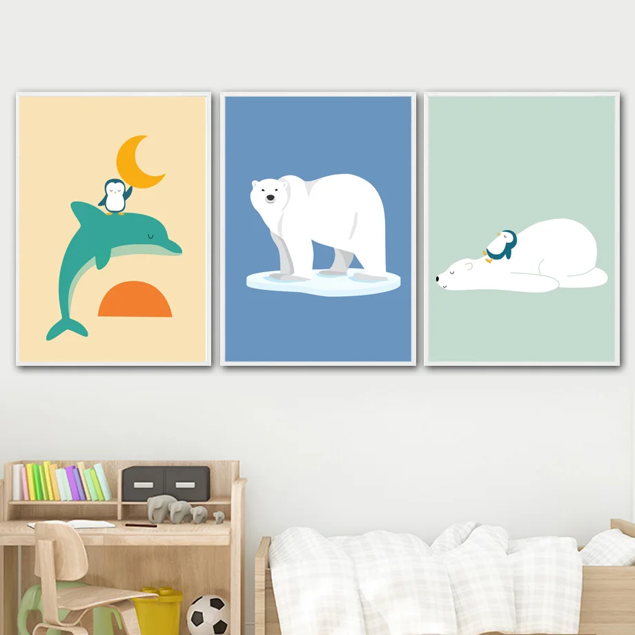 Мультяшное украшение для дома живопись дельфин Пингвин и полярный медведь холст