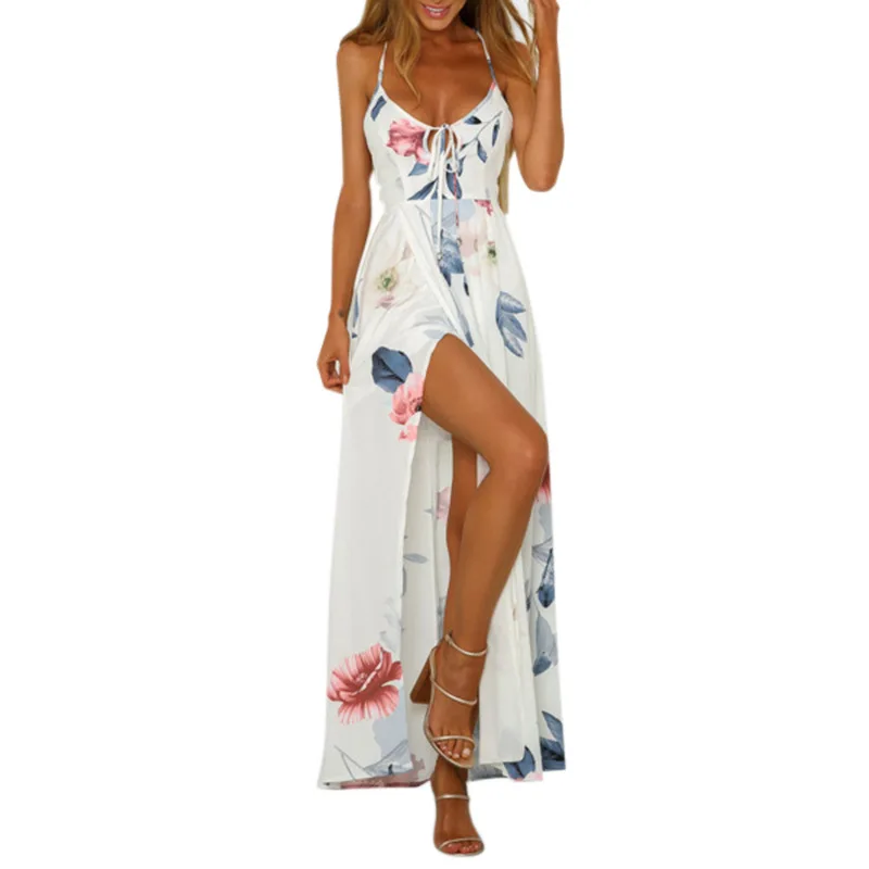 

Bohemian Backless Lace Up Maxi Dress Temperament New Women Floral Print Dress Sexy Sleeveless Printed Holiday Dress