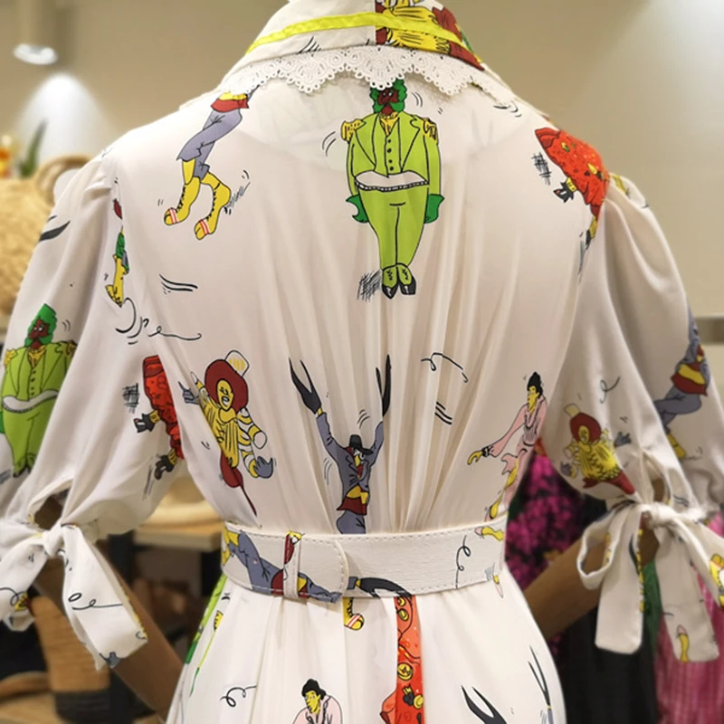 

GALCAUR Vintage Print Ruched Dress For Women Lapel Half Sleeve Sashes Mid Hit Color Oversized Dresses Female 2021 Summer Tide