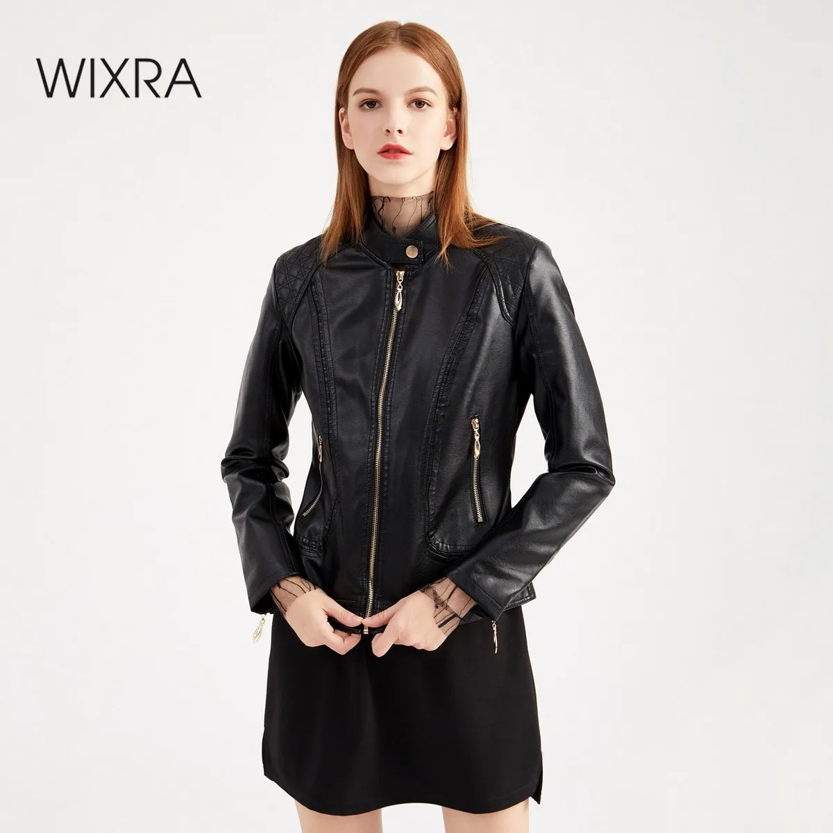 

Wixra Women Faux Leather Jackets Biker BF Style Pockets PU Outerwear Stand Collar Cool Streetwear Spring Autumn
