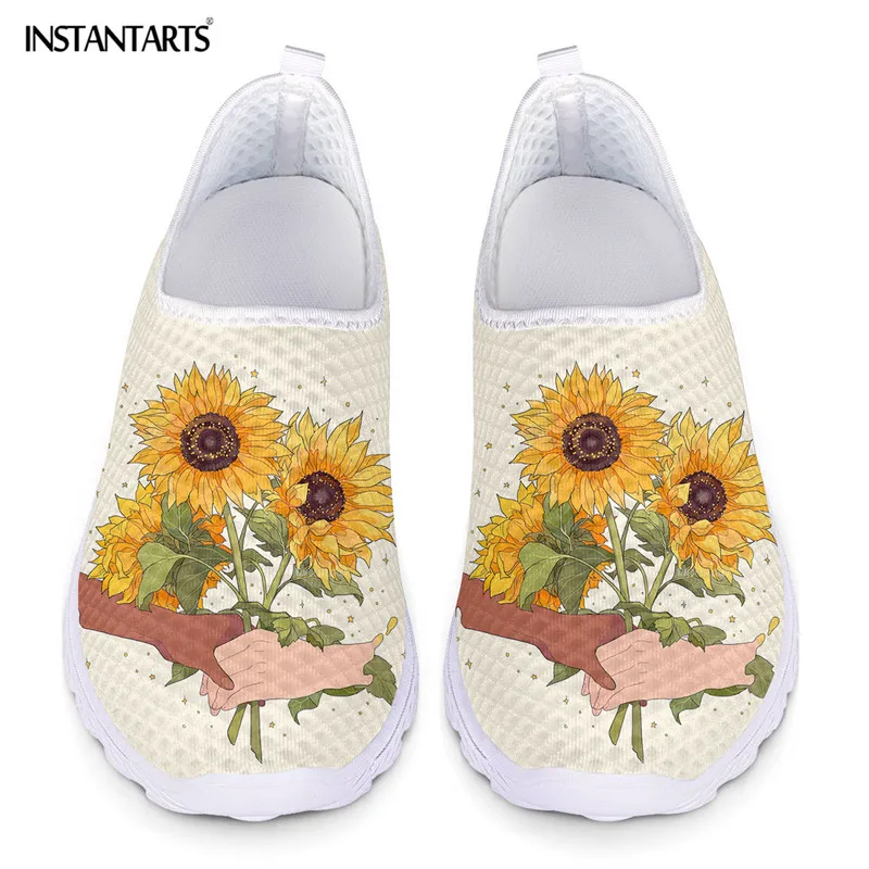 

INSTANTARTS Peace and Love Sunflowers Design Flat Shoes for Women Comfortable White Loafers Air Mesh Sneaker Lighweight mujer