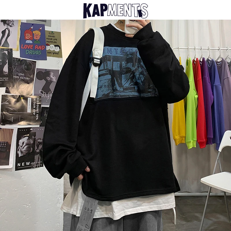 

KAPMENTS Men Harajuku Printed Pullover Hoodies 2022 Mens Korean Kpop Streetwear Sweatshirts Couple Japan Style Patchwork Clothes
