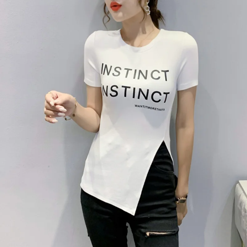 

#6038 Black White Irregular T Shirt Women Letters Printed T Shirt Female Short Sleeves O Neck Cotton Streetwear Tee Side Split