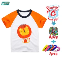 the new childrens cotton t shirt round neck cartoon pattern top is suitable for 2 8 years old baby with free sticker wristband