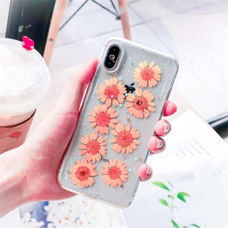 Чехол для телефона с настоящими цветами и сушеными iPhone X XS XR Max 6 S 7 8 Plus прозрачная