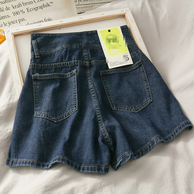 Женские джинсовые шорты на пуговицах винтажные темно-синие с высокой талией