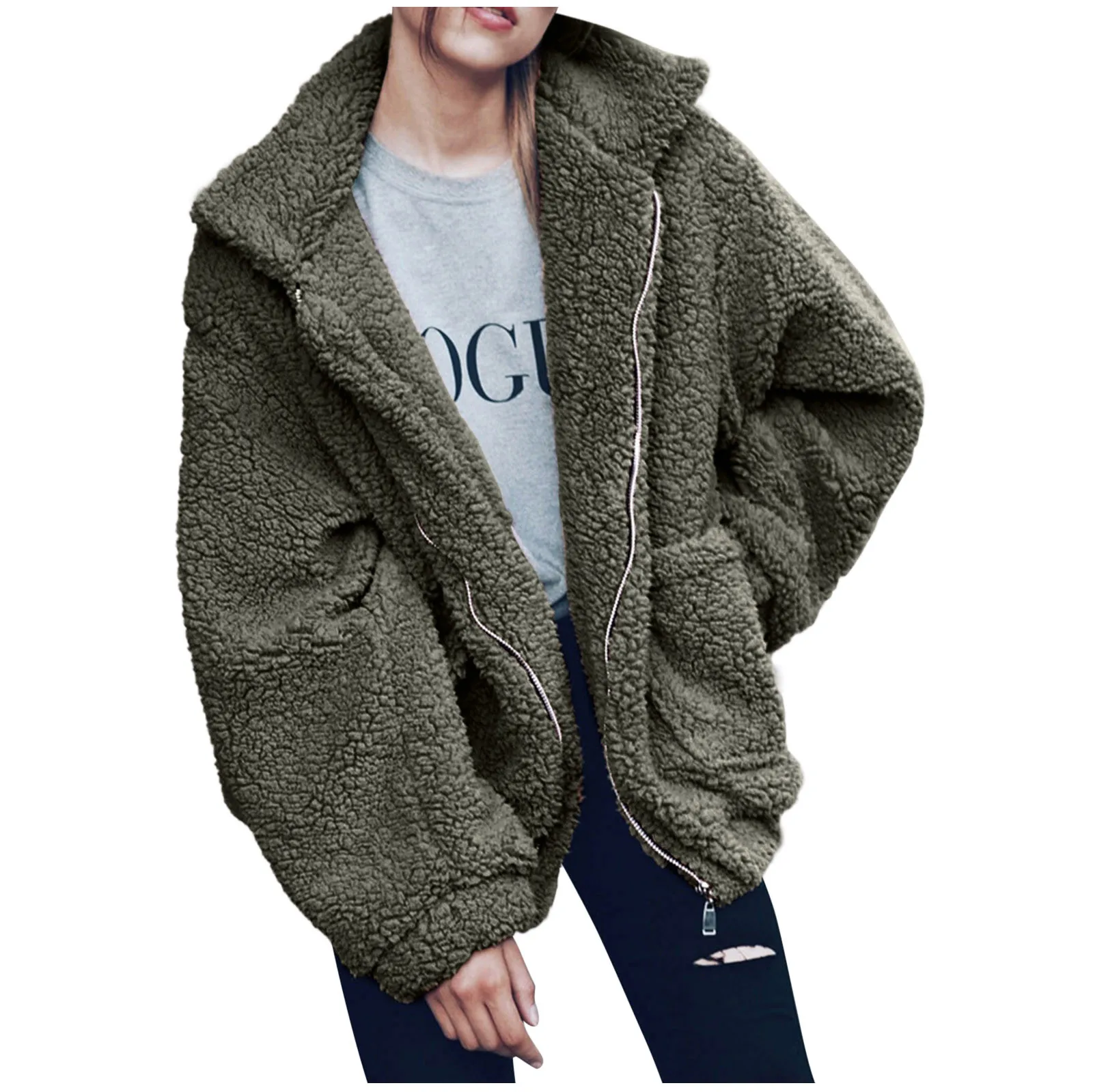 

Winter Thicken Warm Zipper Jackets Loose Plush Women Korean Fashion Turndown Collar Female Casual Coats Solid Color Outwear