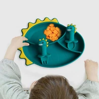 silicone baby dinnerware plate kids bowl cartoon dinosaur spoon fork baby feeding meal training bowl dishes tableware 3 colors