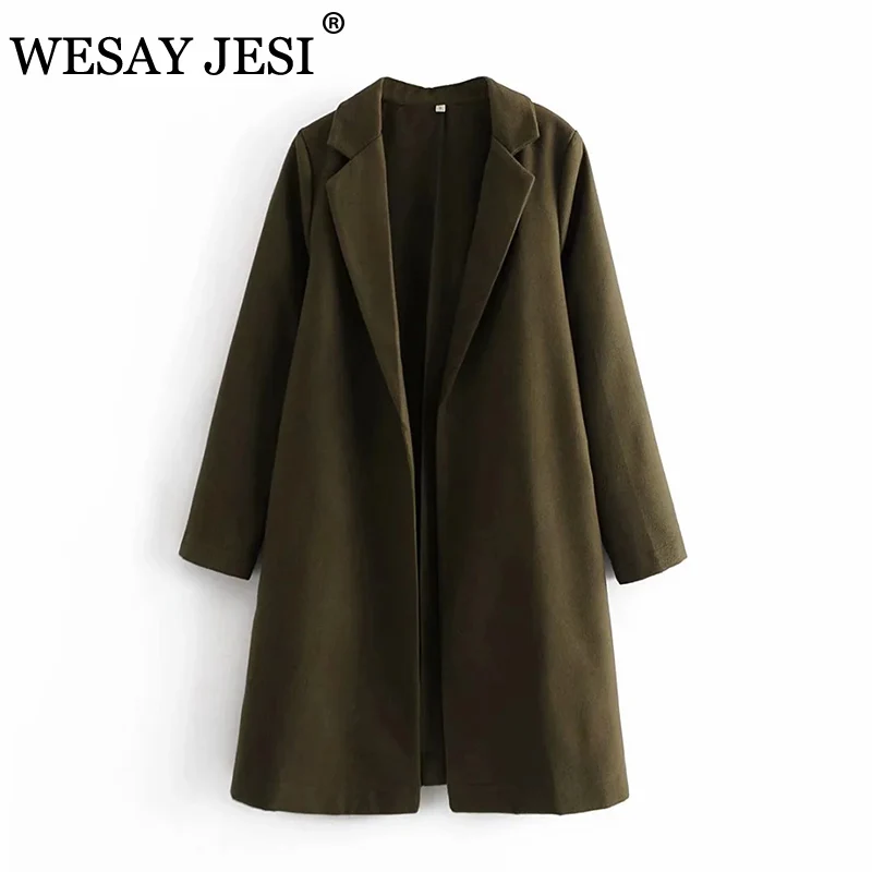 

WESAY JESI ZA Women's Windbreaker Trendy Blends Turn Down Collar Street Female Army Green Outerwear Open Stitch Solid Overcoat