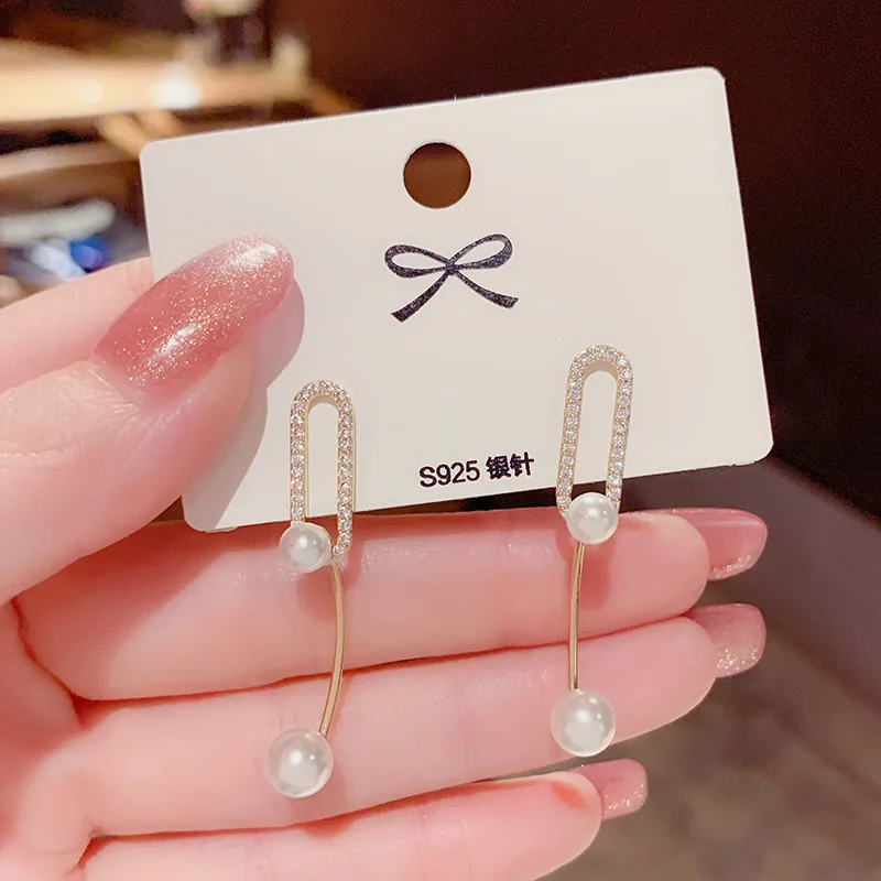 

S925 Silver Needle Geometric Earrings Temperament Simple Pearls 14K Real Gold Stud Earrings for Women