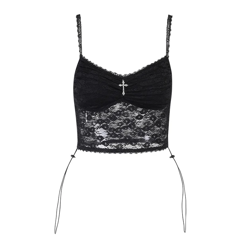 

InsDoit Women Gothic Through Sexy Lace Camis Punk Fashion Corset Black Sleeveless Camisole Streetwear Summer Backless Crop Top