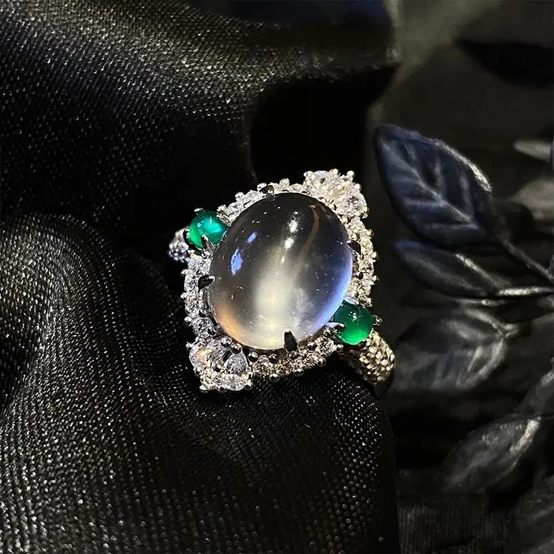 

Original natural white chalcedony oval inlaid zircon opening adjustable ring charm aristocratic lady brand silver jewelry