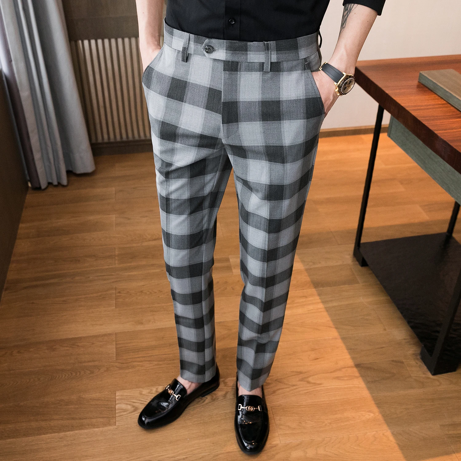

2021 Men's fashion business suit trousers/Male slim fit plaid Leisure suit Pants/Man Brand clothing Ankle length Pantalon 28-36