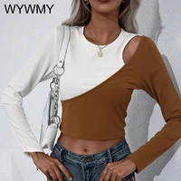 wywmy sexy womens t shirts o neck long sleeve slim casual patchwork hollow out tees female cropped tops slim streetwear tops