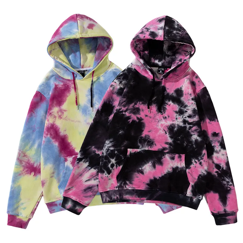 

Men Tie-dye Oversized Casual Hooded Sweatshirt Retro Pullover Hoodie 100% Cotton Long Sleeve Hip Hop Streetwear Plus Fleece Tops