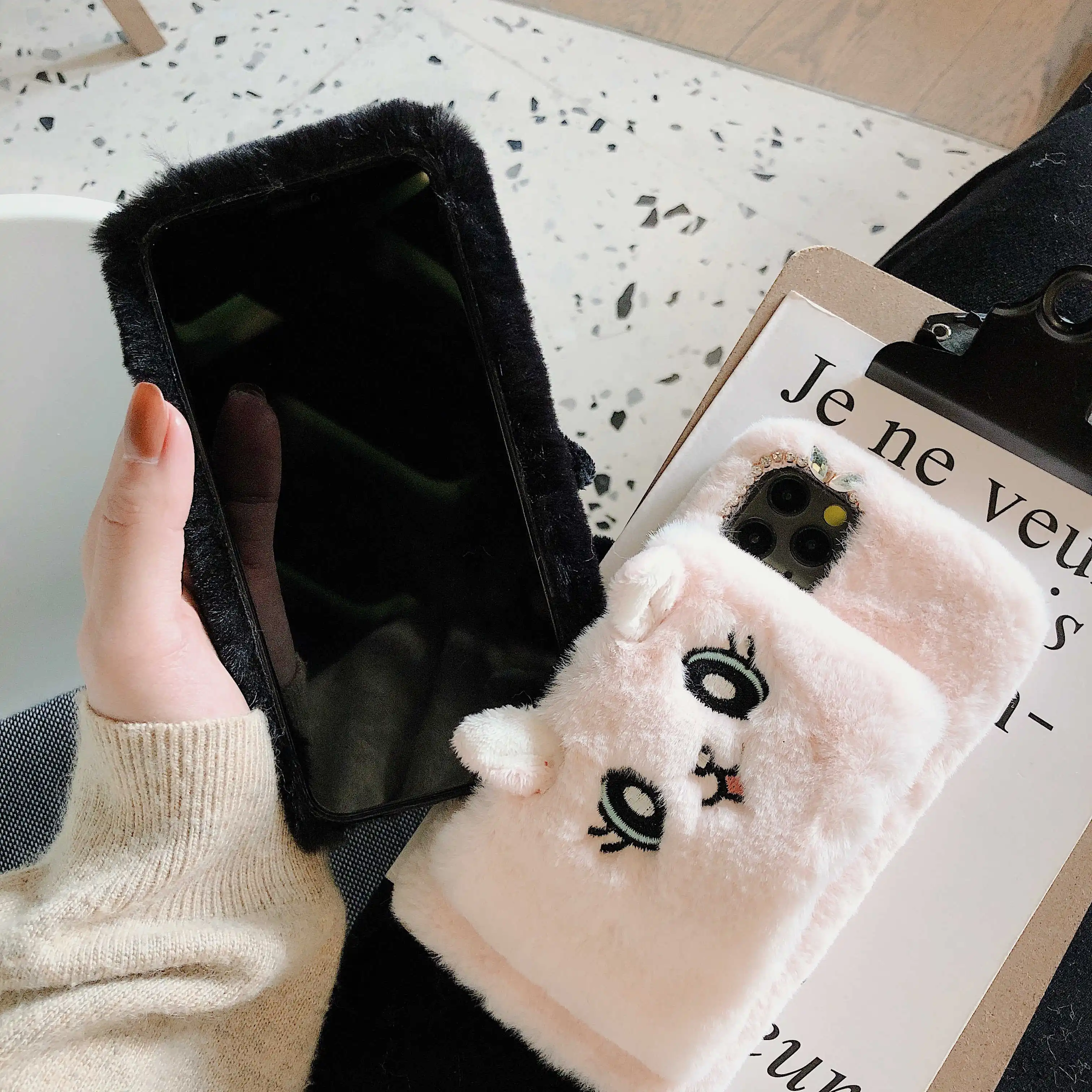 

Wrist Straps Cute Fluffy Cat Warm Case for 12 mini 11 Pro Max for iPhone 7 8 plus X XR XS Max 2021 Soft Fur Back Cover