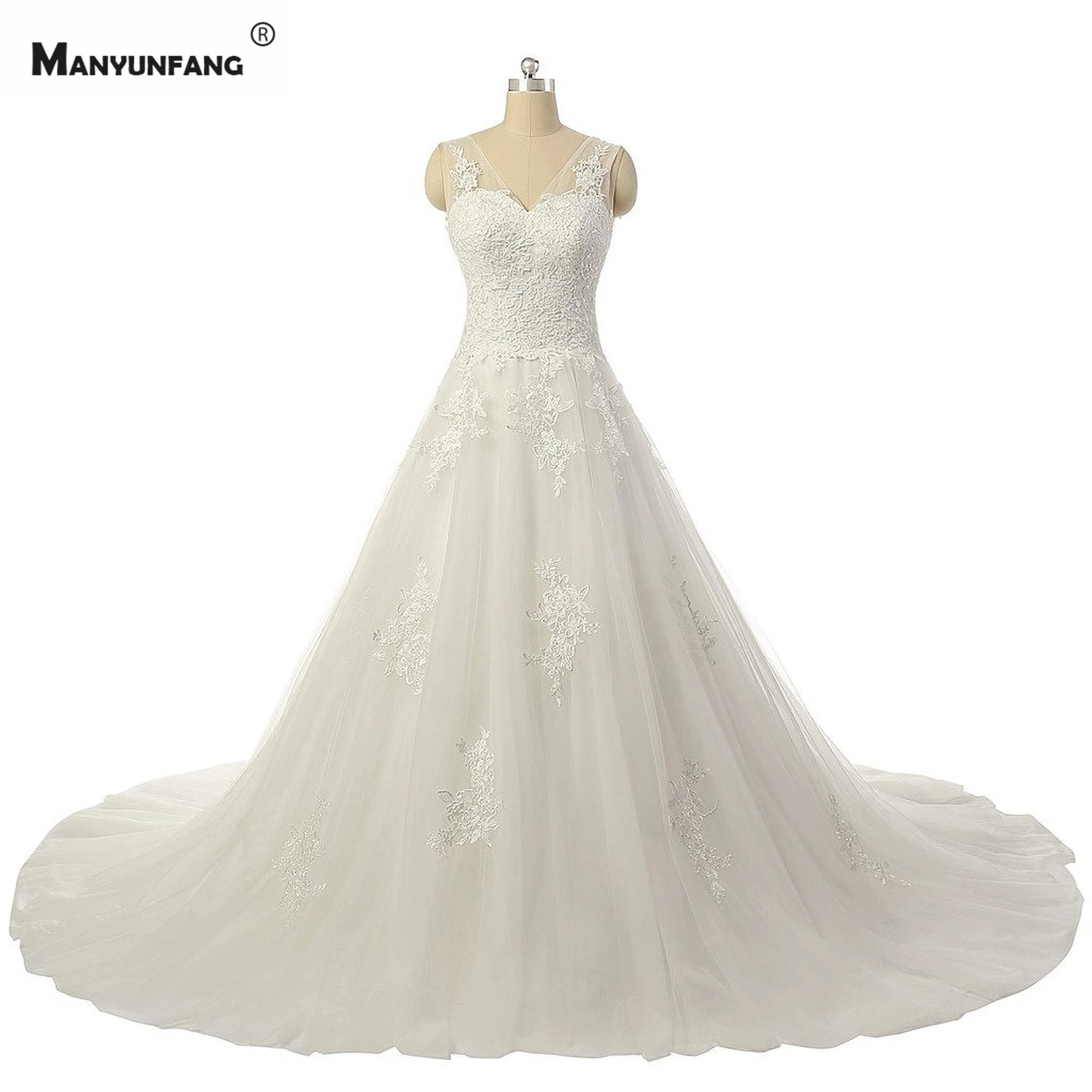 

High-End V-Neck Embroidery Appliques Tulle Chapel Train Sleeveless Bridal Ball Gown Elegant Backless Wedding Dress for Women