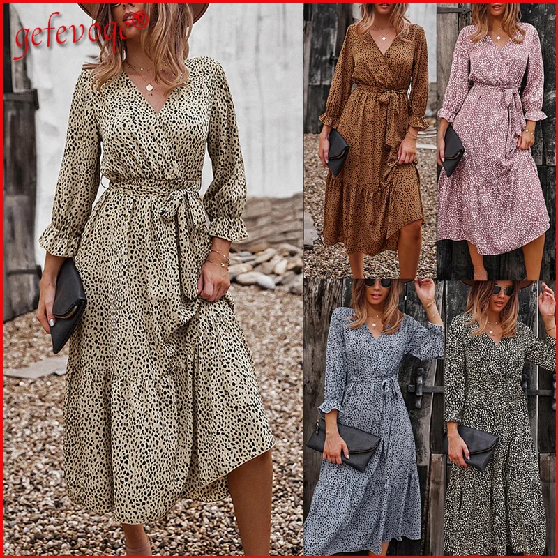 

Осенне-зимние элегантные платья для женщин 2021 Повседневное платье в горошек с V-образным вырезом и длинным рукавом с оборками вечернее вече...