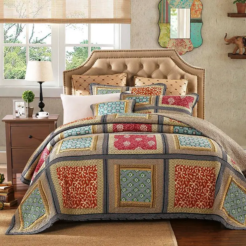 

100% Cotton Reversible Coverlet Handmade Patchwork Chic Bedspread Bed cover 2 Pillow shams 3pcs King Queen Size Blanket