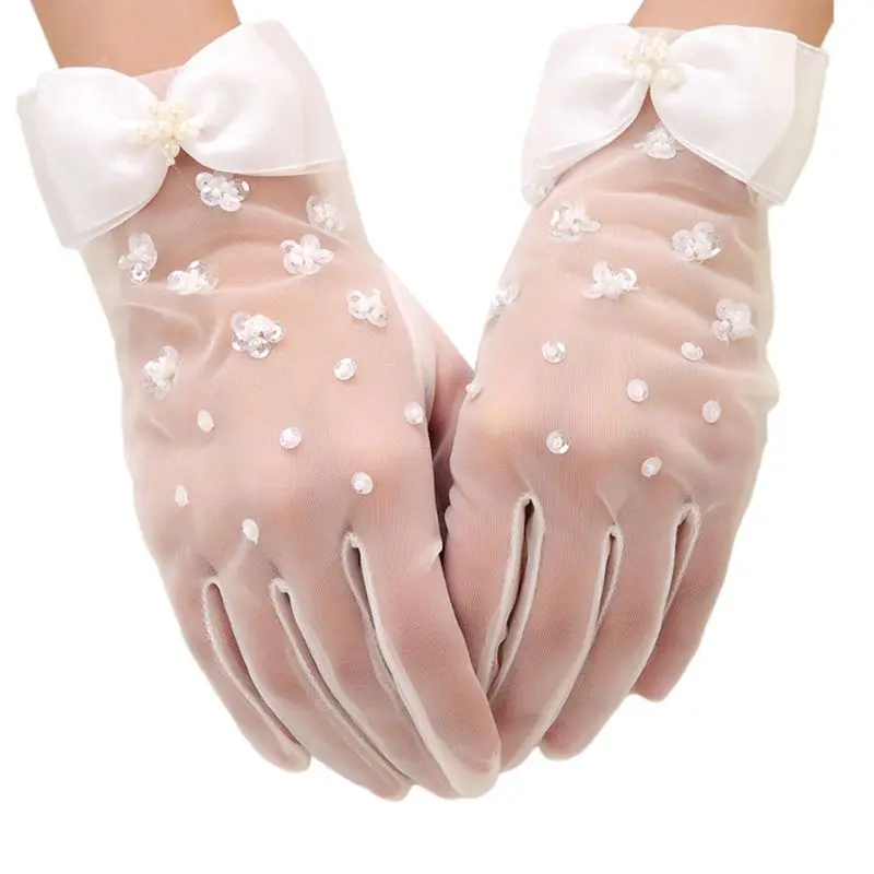 

41XC Korean Women Sweet Wedding Sheer Short Gloves Handmade Faux Pearl Sequins Flower Beaded Bowknot Decor Bridal Prom Party